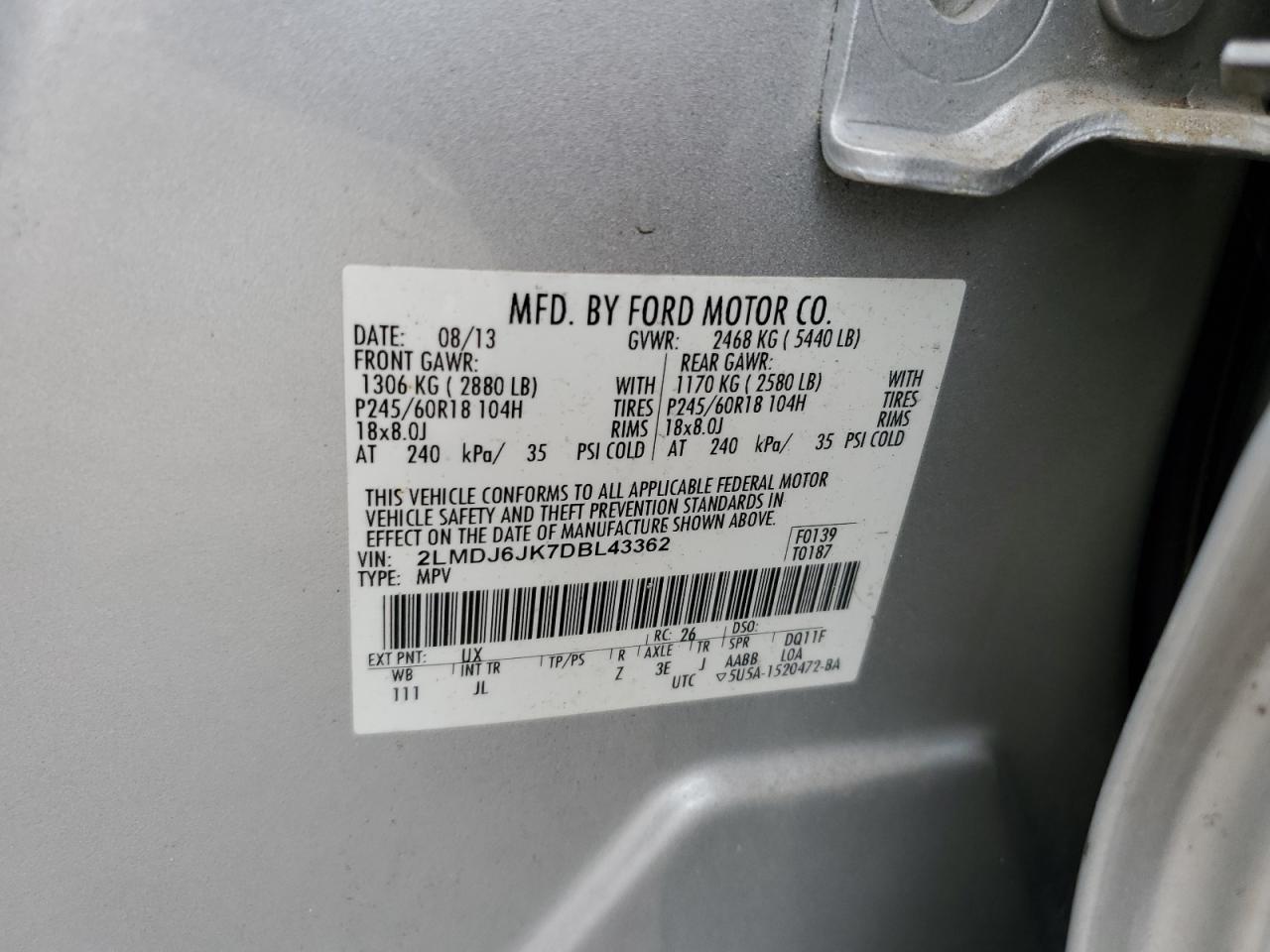 2013 Lincoln Mkx VIN: 2LMDJ6JK7DBL43362 Lot: 85915485