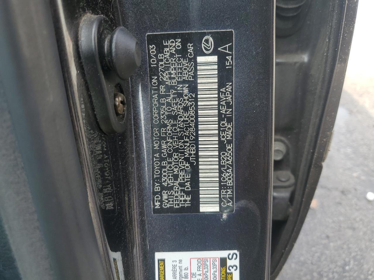 2004 Lexus Is 300 VIN: JTHBD192840085312 Lot: 85077215