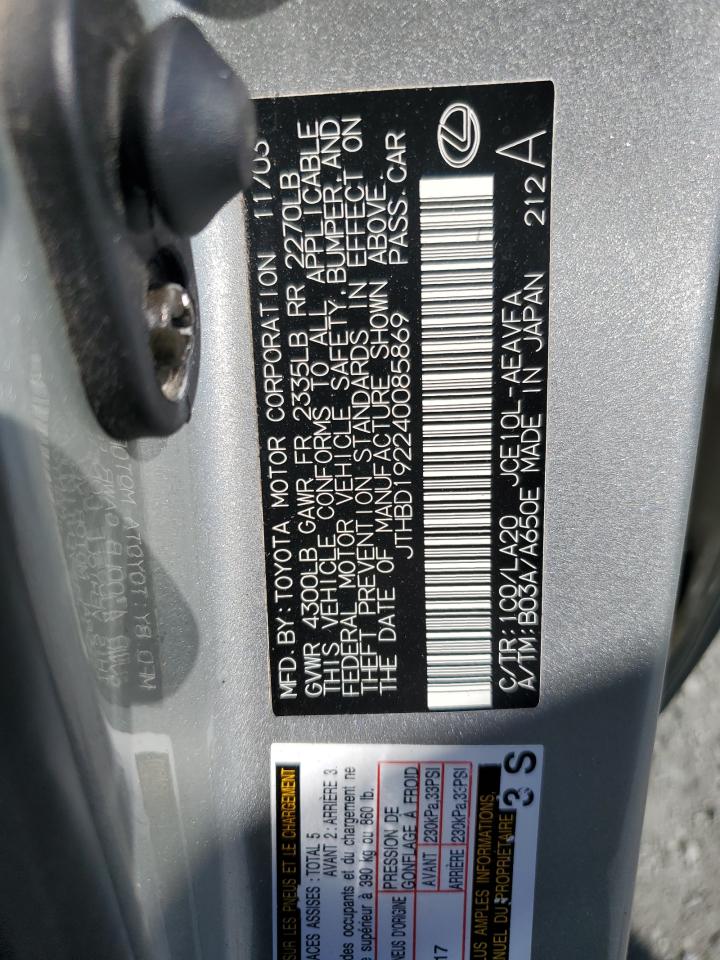 2004 Lexus Is 300 VIN: JTHBD192240085869 Lot: 85588805