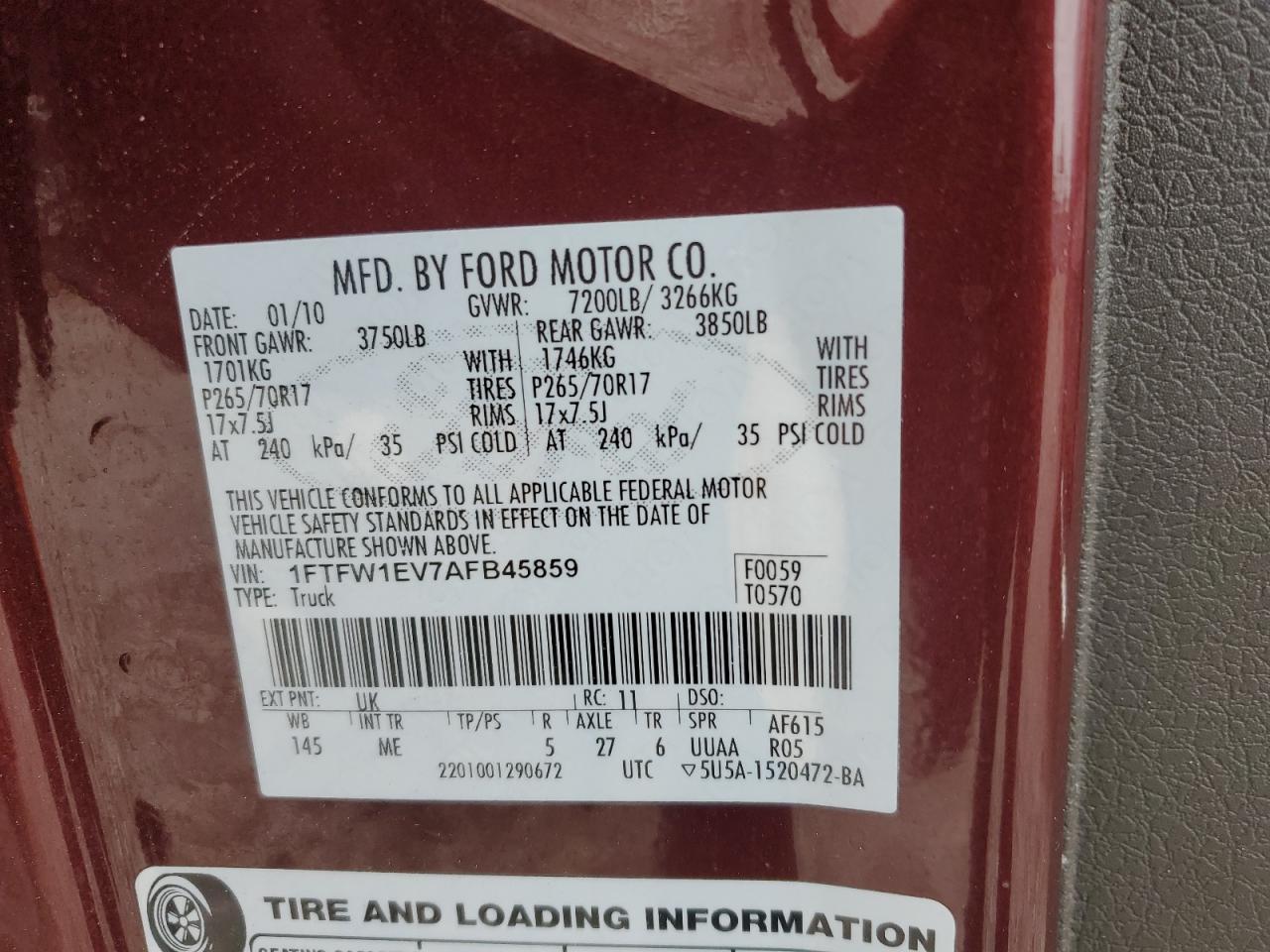 2010 Ford F150 Supercrew VIN: 1FTFW1EV7AFB45859 Lot: 86260785