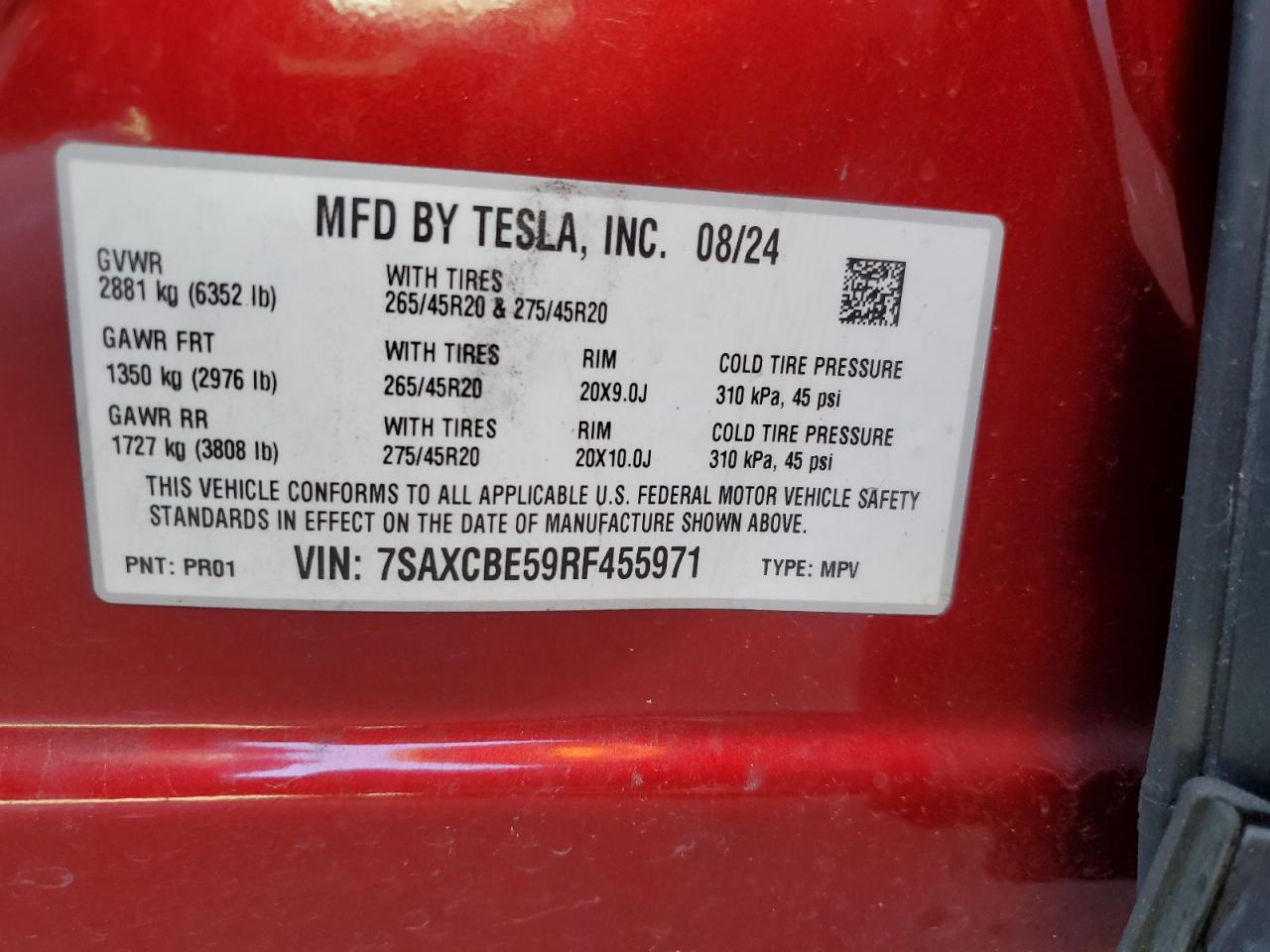 2024 Tesla Model X VIN: 7SAXCBE59RF455971 Lot: 85008975