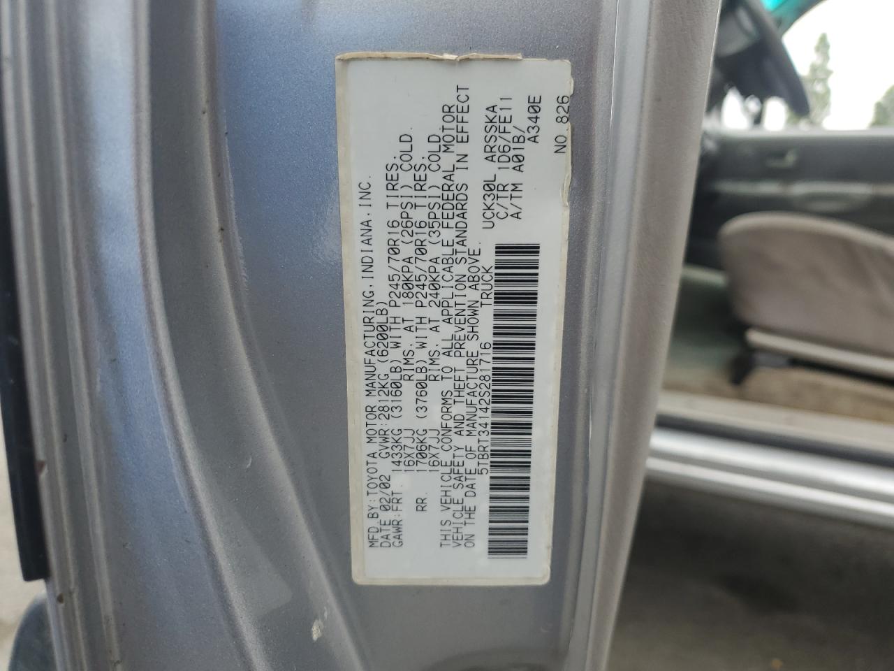 2002 Toyota Tundra Access Cab VIN: 5TBRT34142S281716 Lot: 81994505