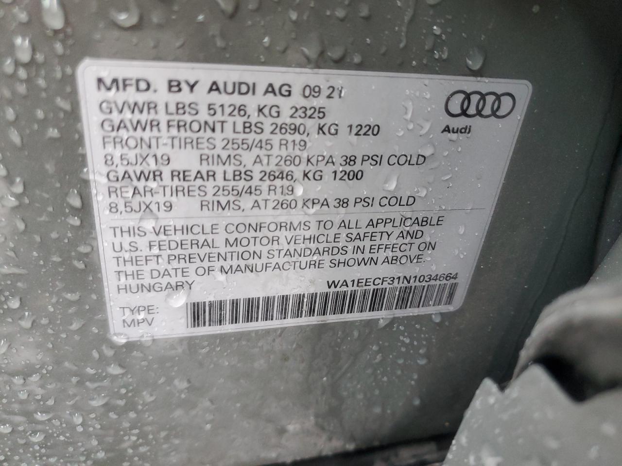 2022 Audi Q3 Premium Plus S Line 45 VIN: WA1EECF31N1034664 Lot: 86278855
