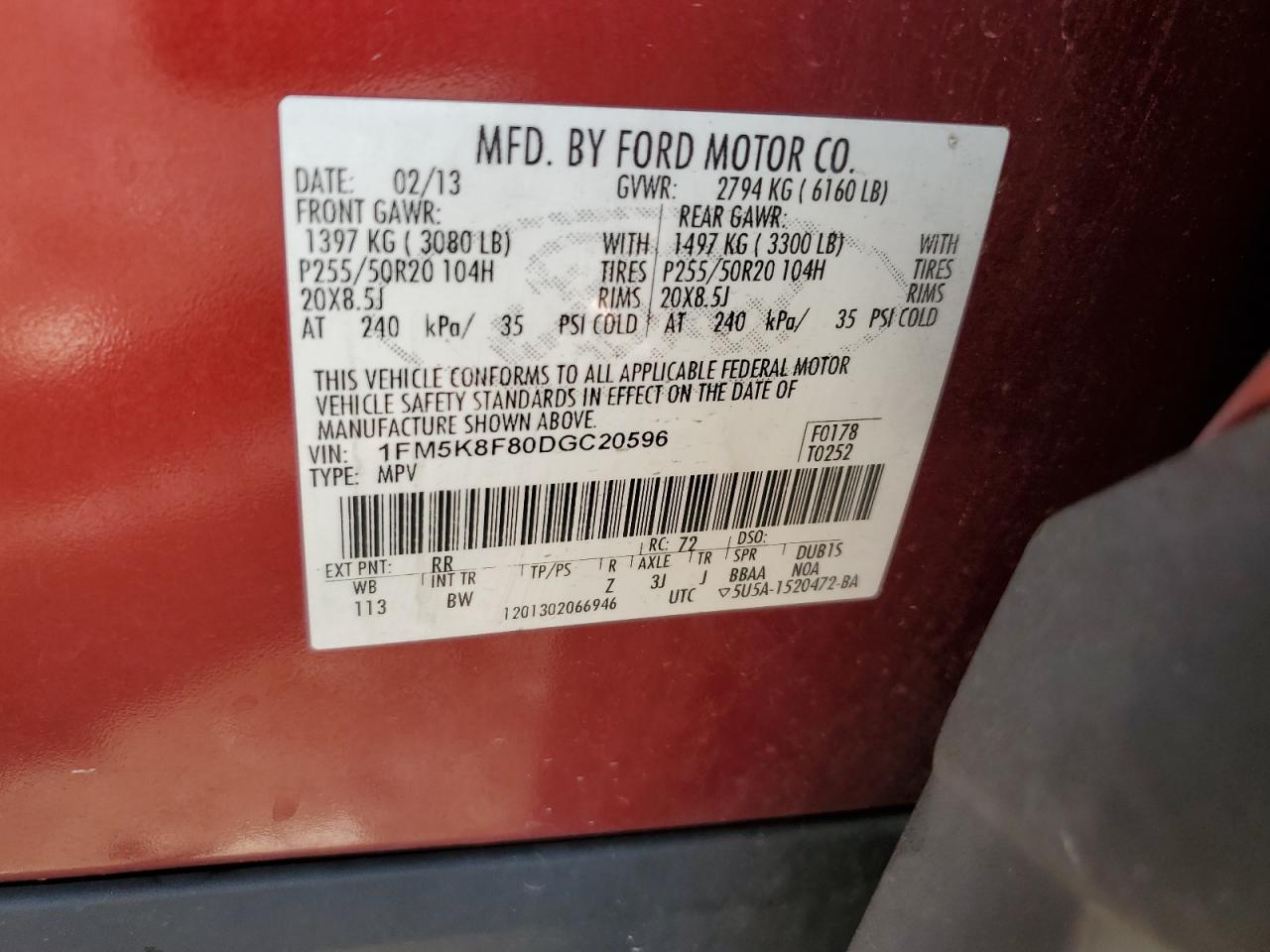 2013 Ford Explorer Limited VIN: 1FM5K8F80DGC20596 Lot: 82209785