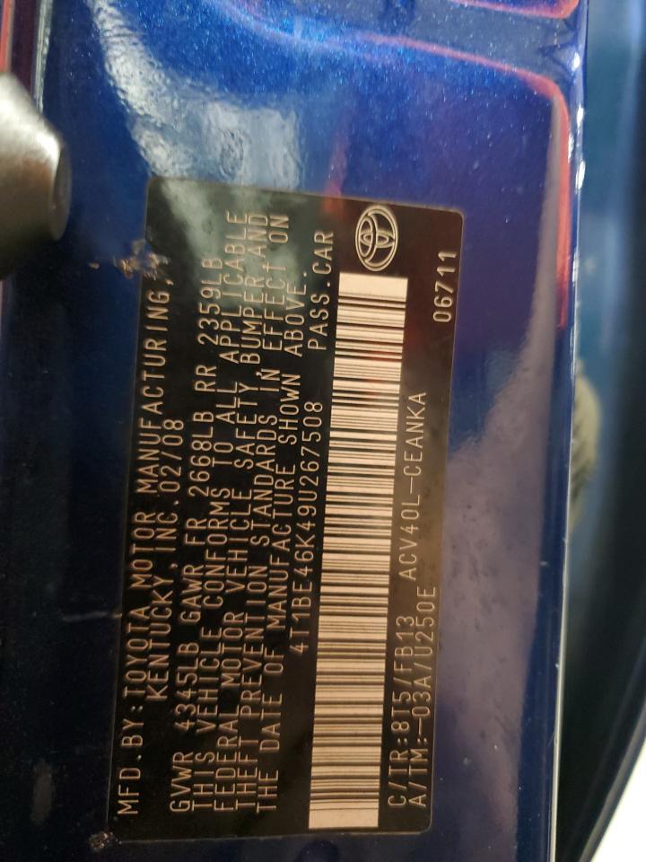 2009 Toyota Camry Base VIN: 4T1BE46K49U267508 Lot: 85057095