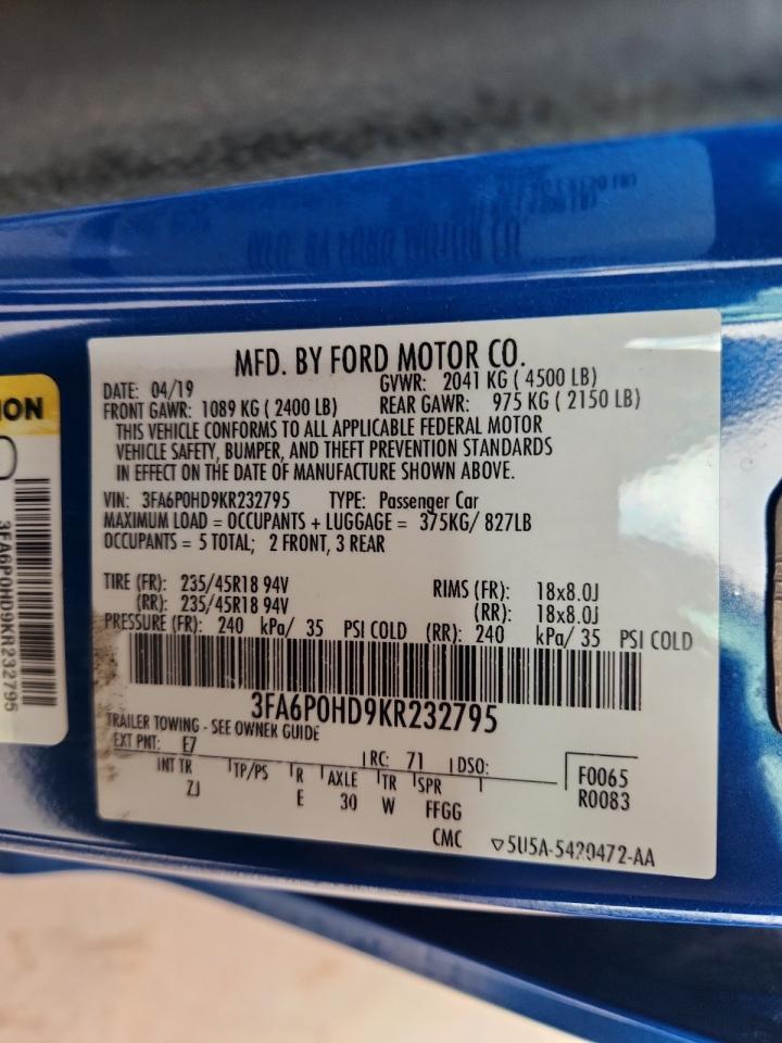 2019 Ford Fusion Se VIN: 3FA6P0HD9KR232795 Lot: 85383435