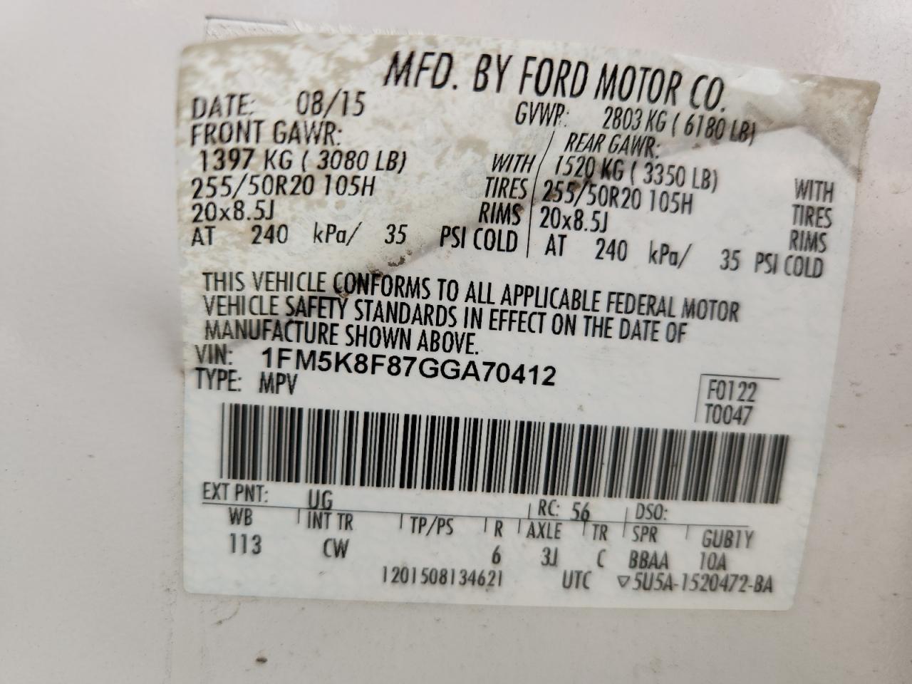 2016 Ford Explorer Limited VIN: 1FM5K8F87GGA70412 Lot: 85579875