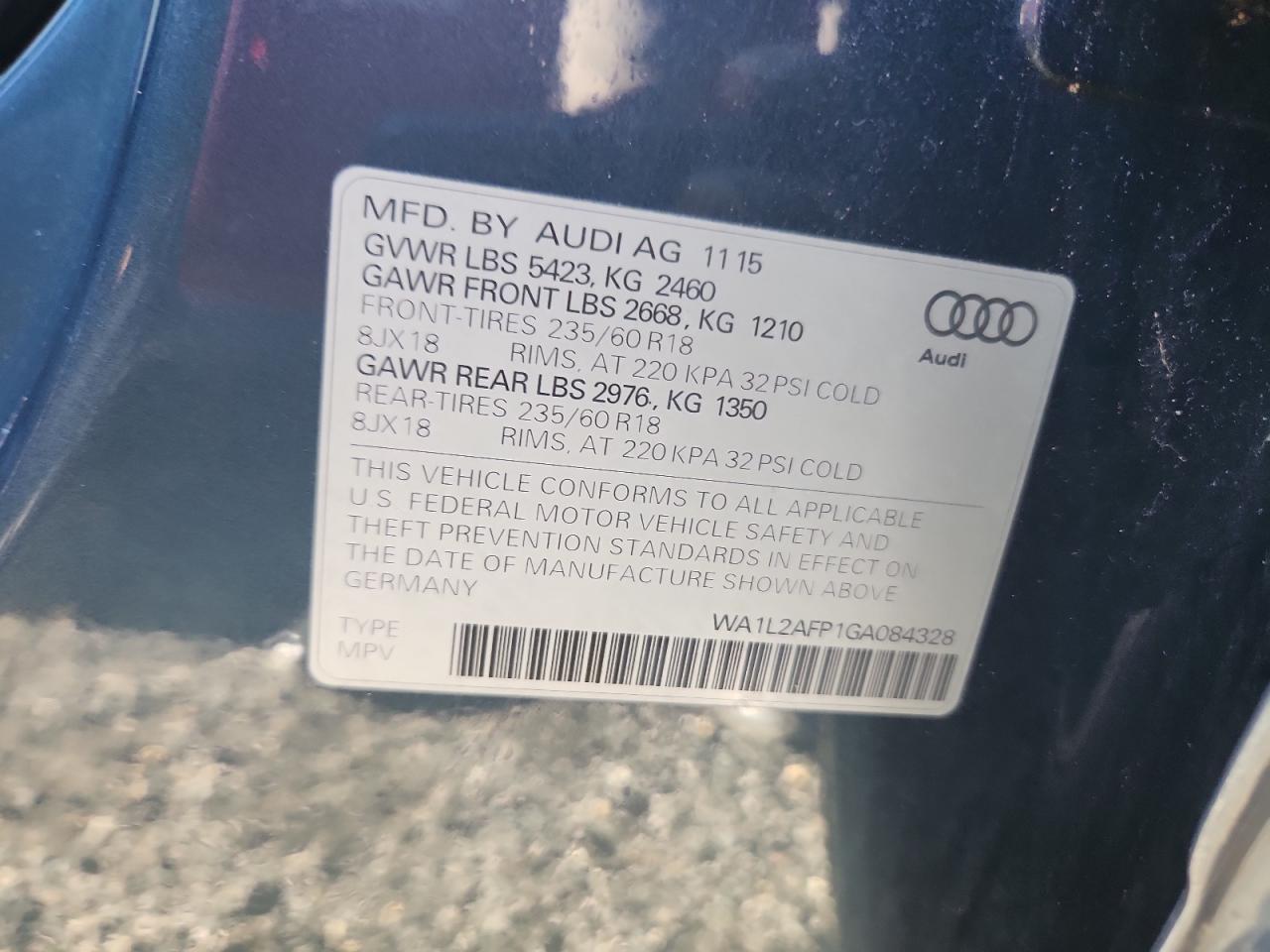 2016 Audi Q5 Premium Plus VIN: WA1L2AFP1GA084328 Lot: 80883765