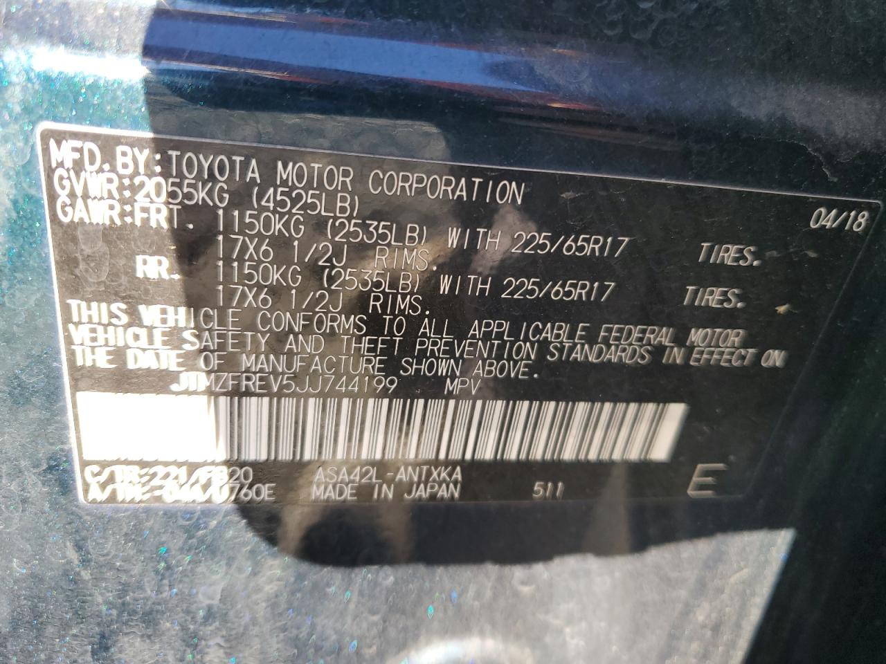 2018 Toyota Rav4 Le VIN: JTMZFREV5JJ744199 Lot: 86424965