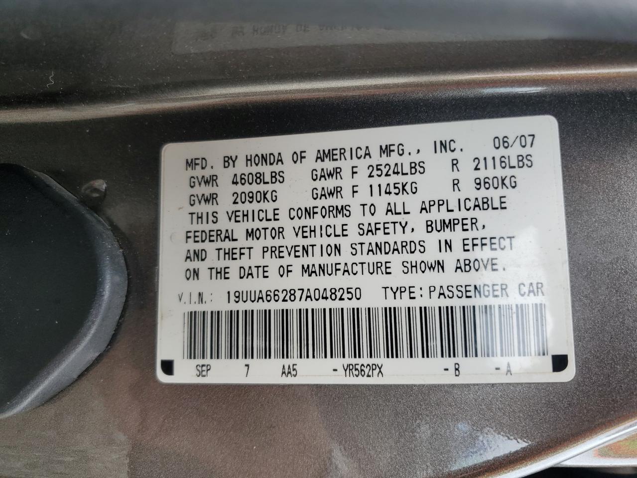 2007 Acura Tl VIN: 19UUA66287A048250 Lot: 85177985