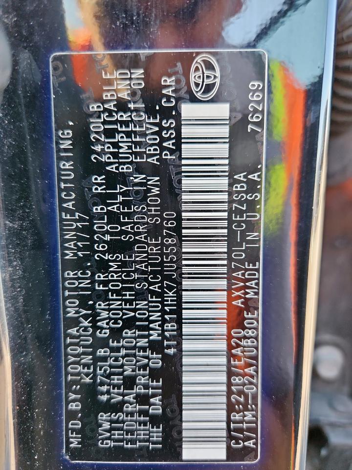 2018 Toyota Camry L VIN: 4T1B11HK7JU558760 Lot: 86340905