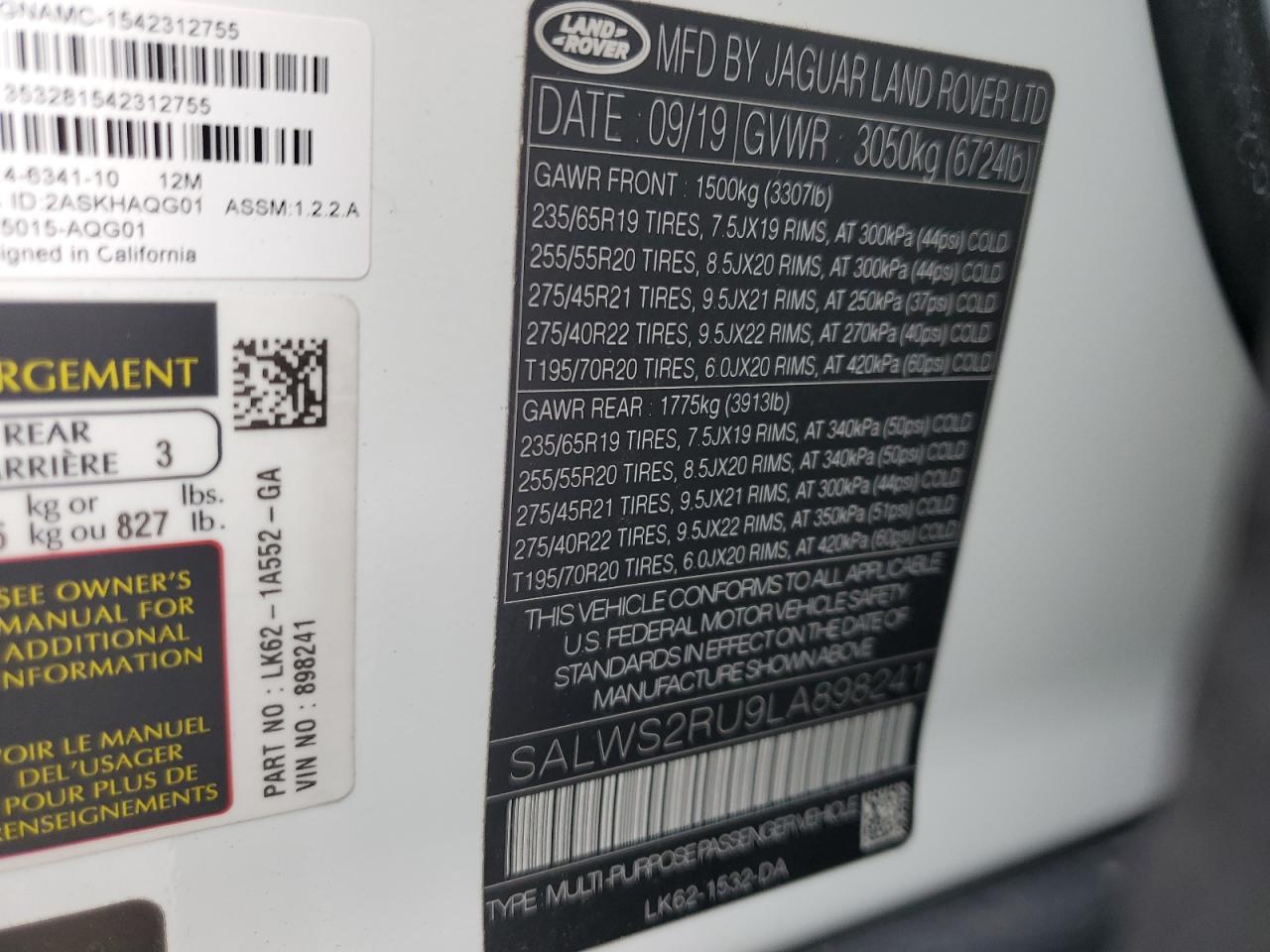 2020 Land Rover Range Rover Sport Hst VIN: SALWS2RU9LA898241 Lot: 85320875