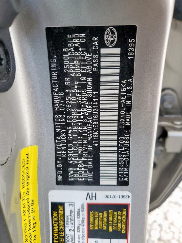 2016 Toyota Avalon Xle VIN: 4T1BK1EB1GU214111 Lot: 85130415