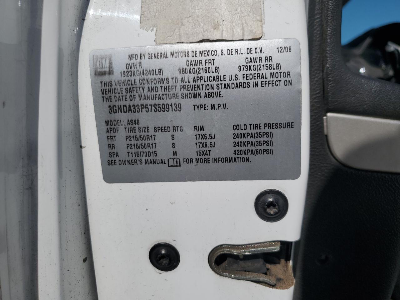 2007 Chevrolet Hhr Lt VIN: 3GNDA33P57S599139 Lot: 84659145