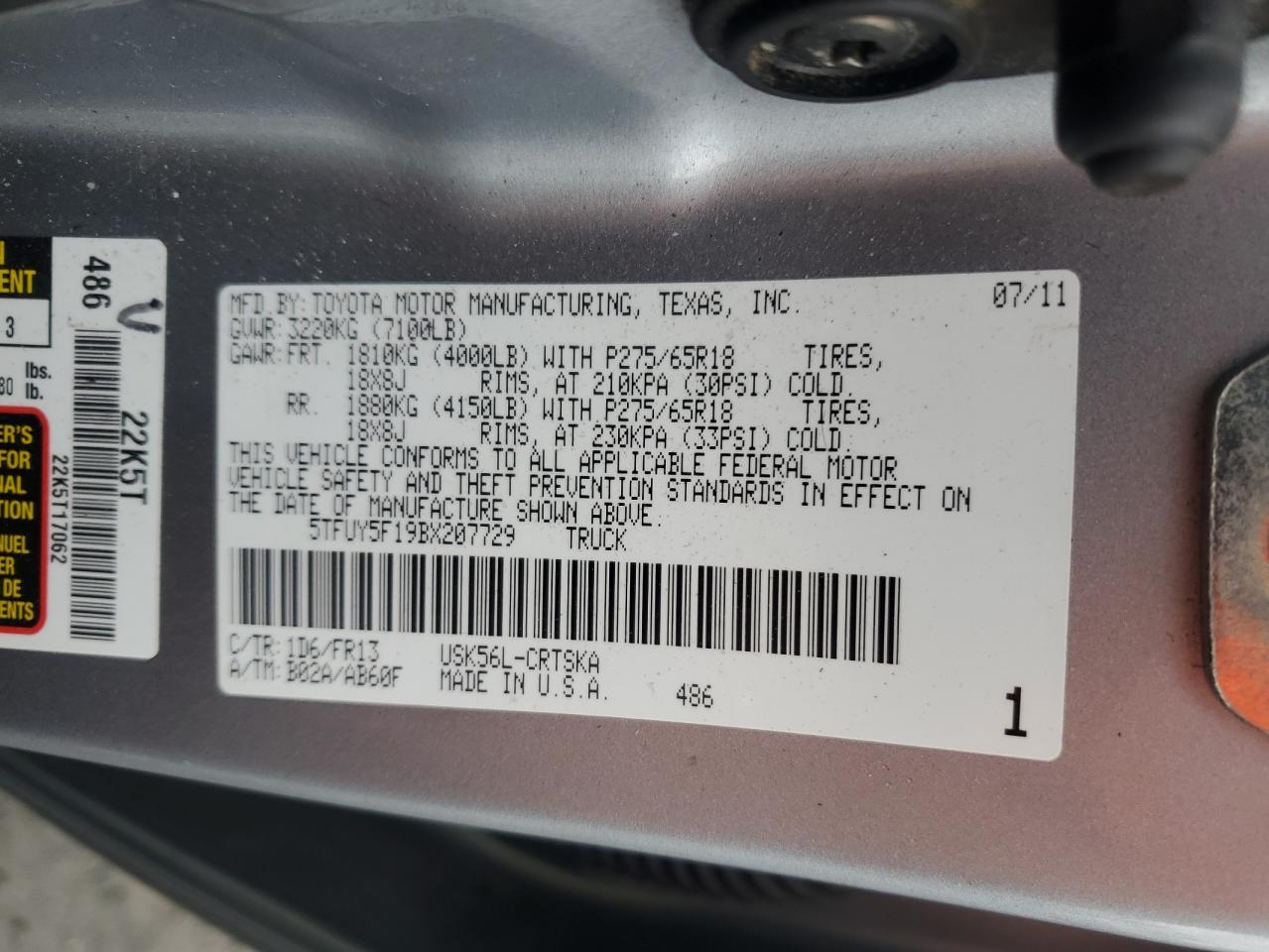 2011 Toyota Tundra Double Cab Sr5 VIN: 5TFUY5F19BX207729 Lot: 85562405