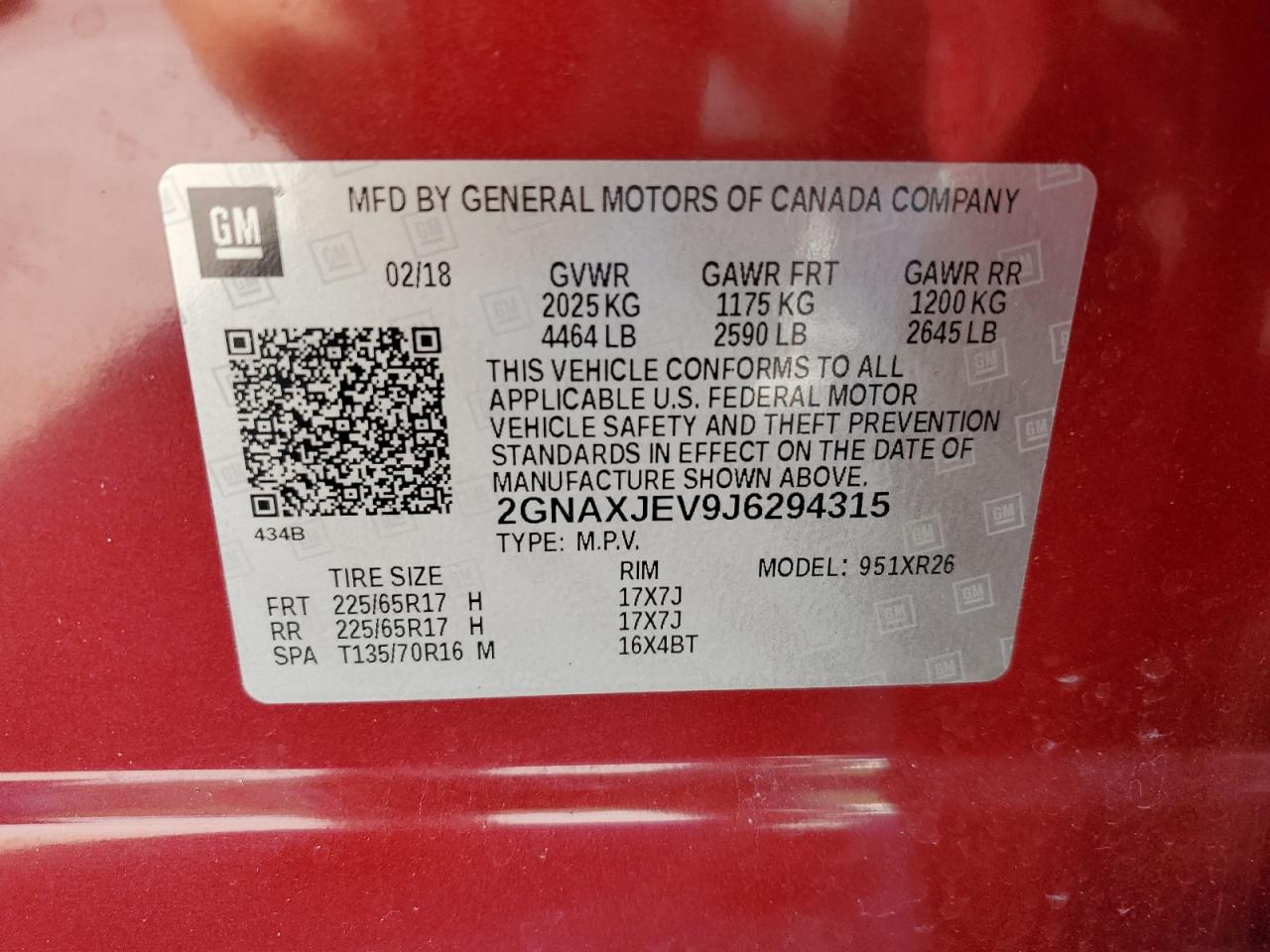 2018 Chevrolet Equinox Lt VIN: 2GNAXJEV9J6294315 Lot: 85287605