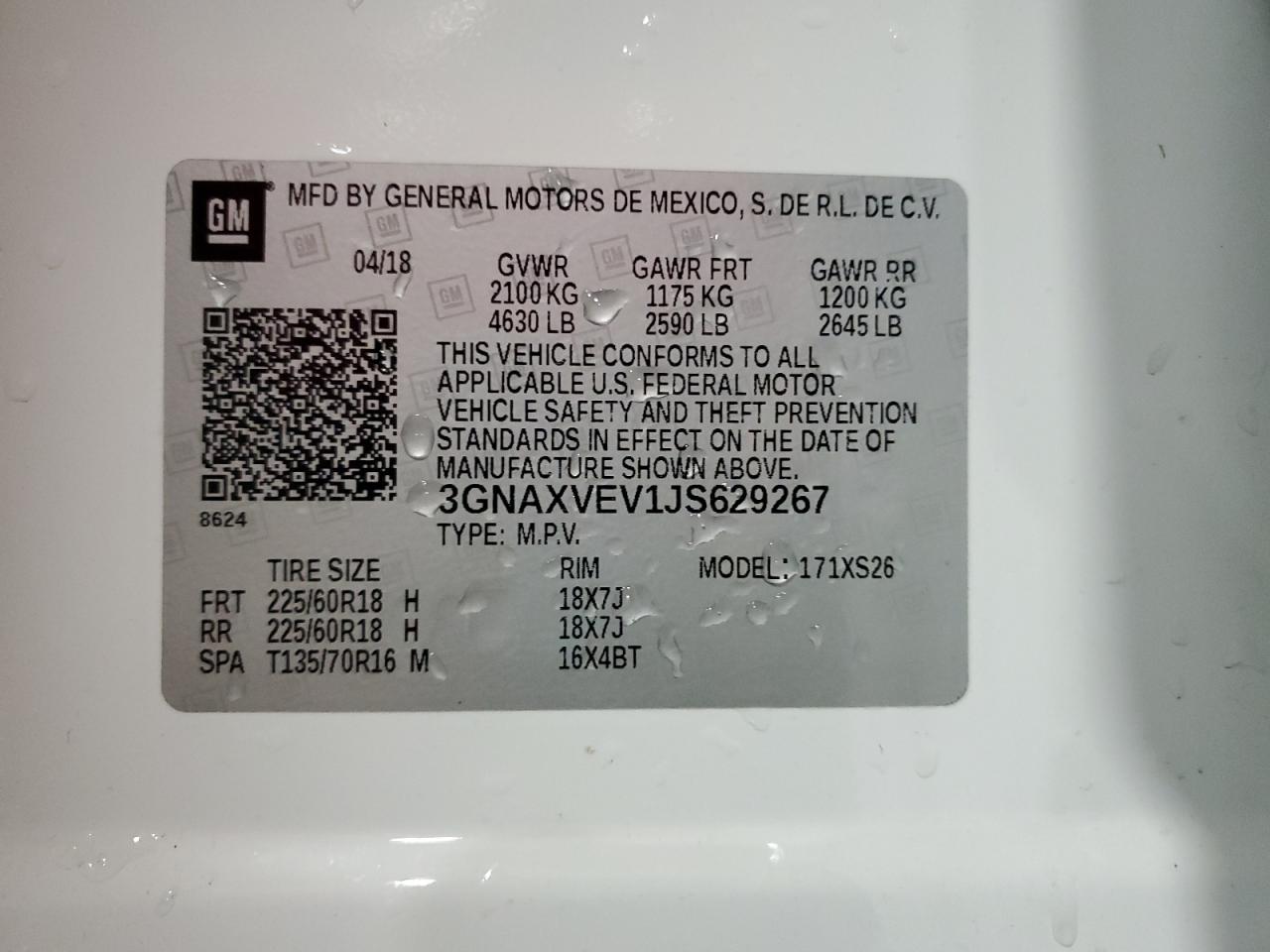 2018 Chevrolet Equinox Premier VIN: 3GNAXVEV1JS629267 Lot: 85505565