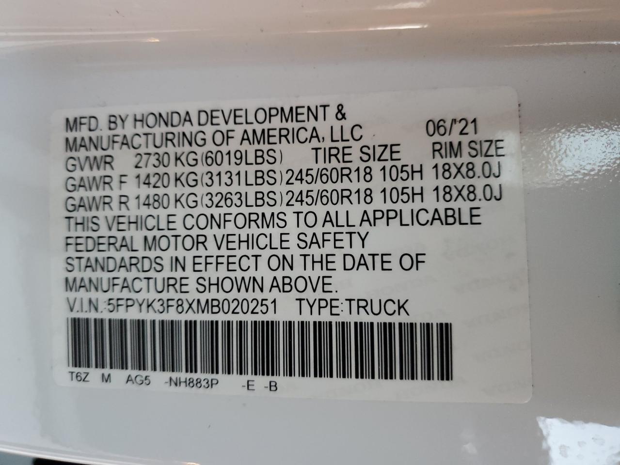 2021 Honda Ridgeline Black Edition VIN: 5FPYK3F8XMB020251 Lot: 82411435