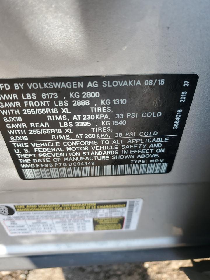 2016 Volkswagen Touareg Sport VIN: WVGEF9BP7GD004449 Lot: 90460245