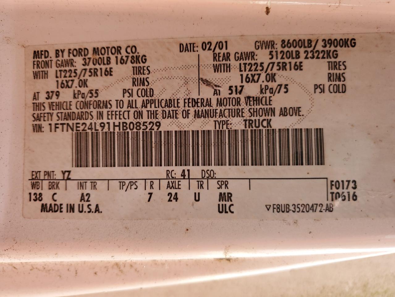 2001 Ford Econoline E250 Van VIN: 1FTNE24L91HB08529 Lot: 84700555