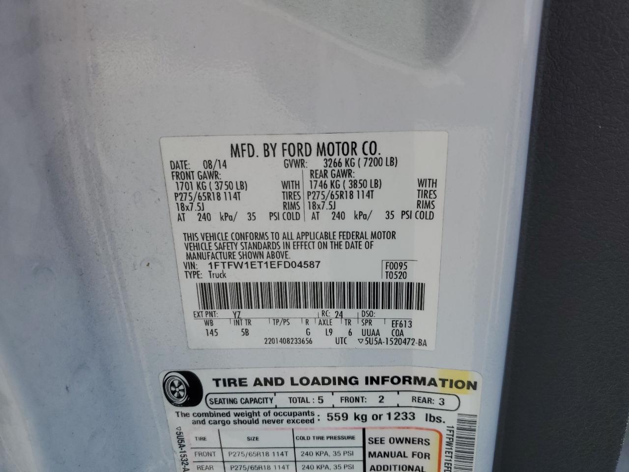 2014 Ford F150 Supercrew VIN: 1FTFW1ET1EFD04587 Lot: 87380855