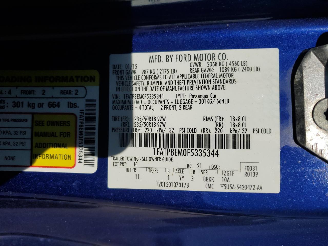 2015 Ford Mustang VIN: 1FATP8EM0F5335344 Lot: 87467095