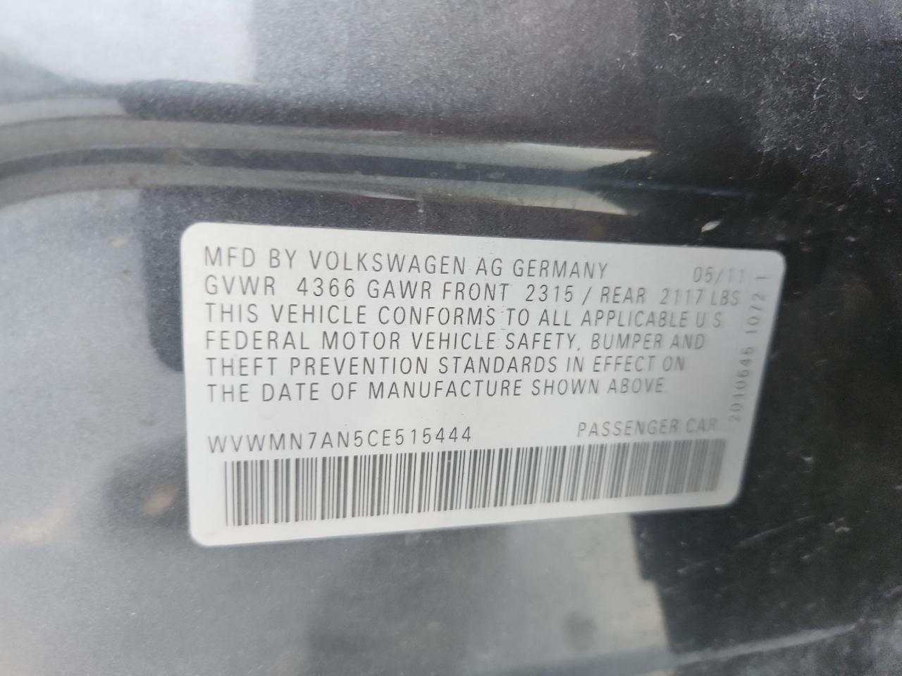 2012 Volkswagen Cc Sport VIN: WVWMN7AN5CE515444 Lot: 87489085