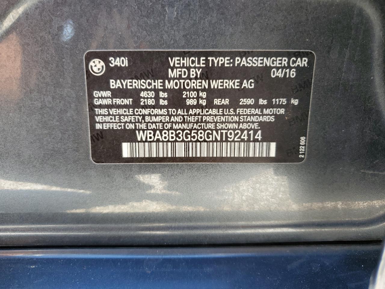 2016 BMW 340 I VIN: WBA8B3G58GNT92414 Lot: 86137275