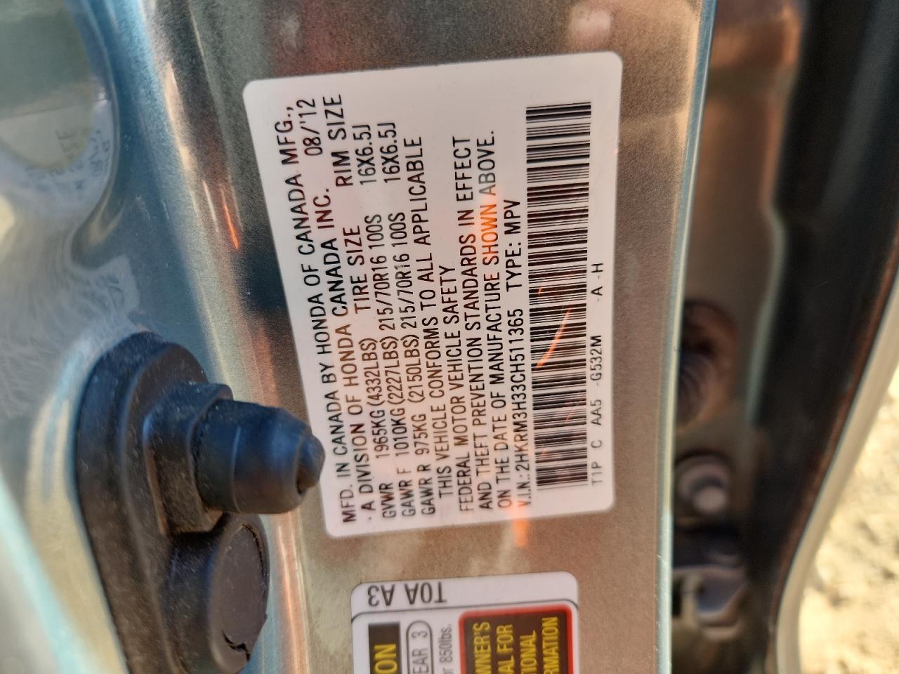 2012 Honda Cr-V Lx VIN: 2HKRM3H33CH511365 Lot: 86810865