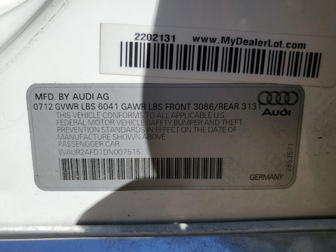 2013 Audi A8 L Quattro VIN: WAUR2AFD1DN007515 Lot: 82527465