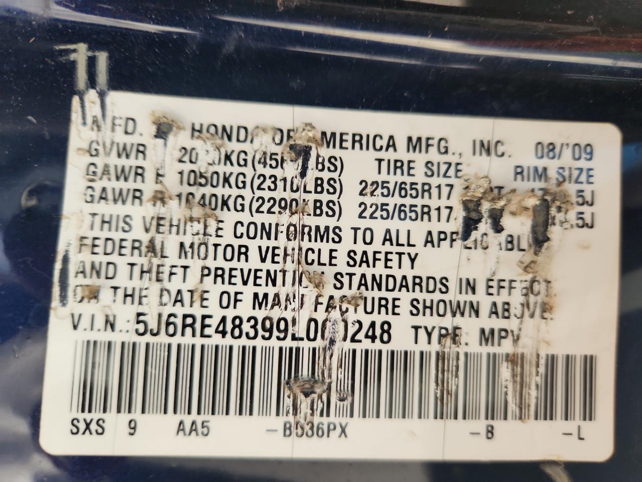 2009 Honda Cr-V Lx VIN: 5J6RE48399L060248 Lot: 82340875