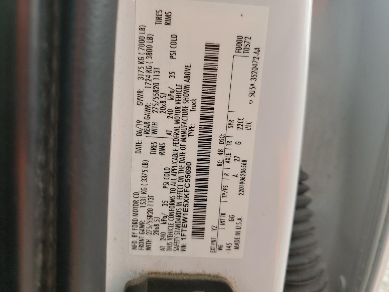 2019 Ford F150 Supercrew VIN: 1FTEW1E5XKFC55690 Lot: 85512295