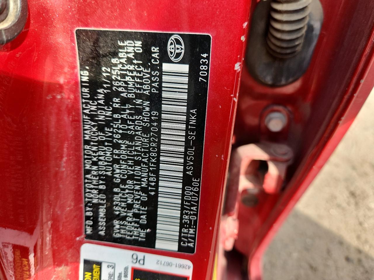 2012 Toyota Camry Base VIN: 4T4BF1FK8CR270419 Lot: 84820705