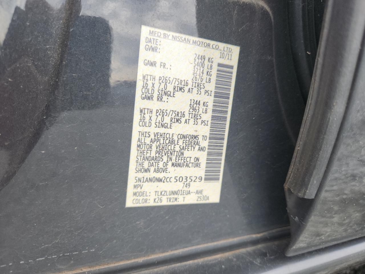 2012 Nissan Xterra Off Road VIN: 5N1AN0NW2CC503529 Lot: 84577215