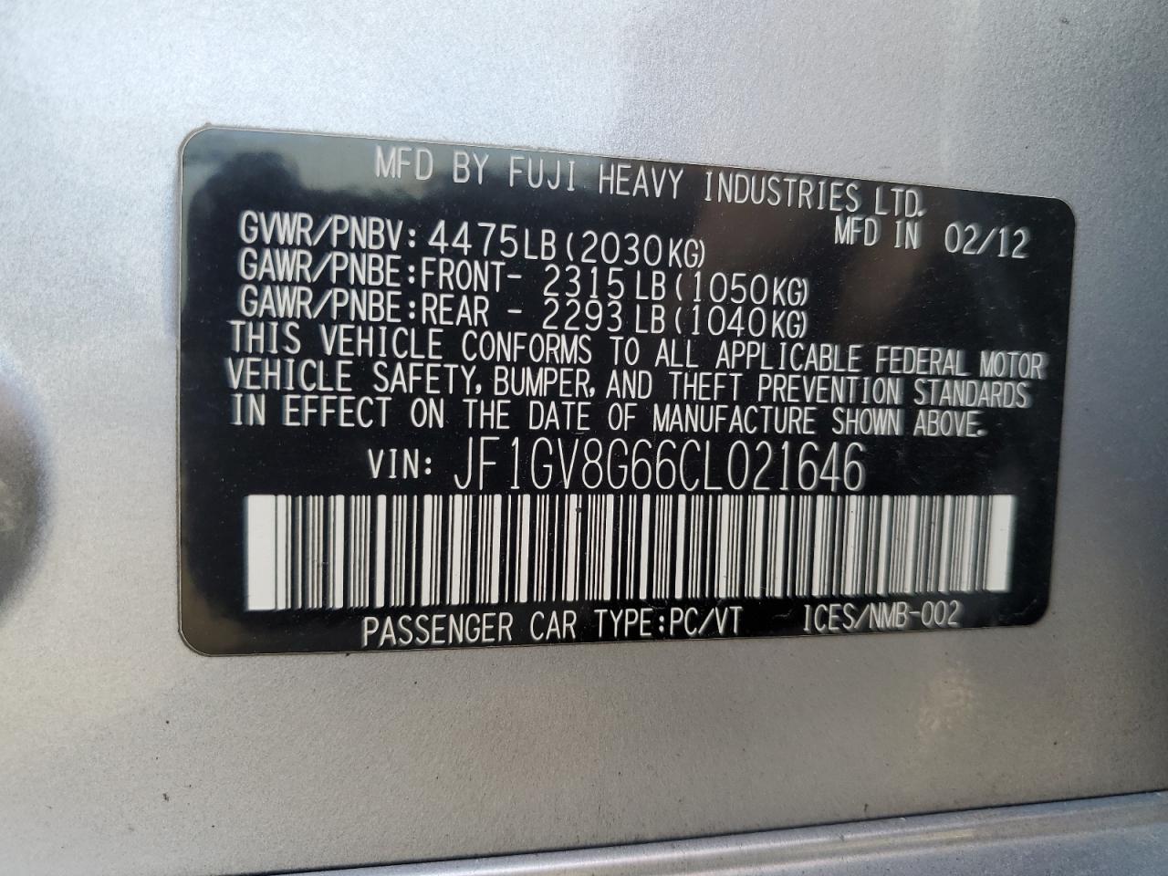 2012 Subaru Impreza Se VIN: JF1GV8G66CL021646 Lot: 85512815