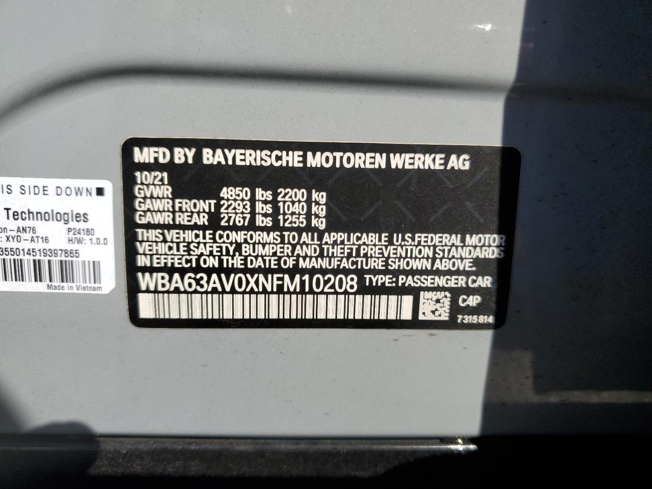 2022 BMW 430I Gran Coupe VIN: WBA63AV0XNFM10208 Lot: 86592655