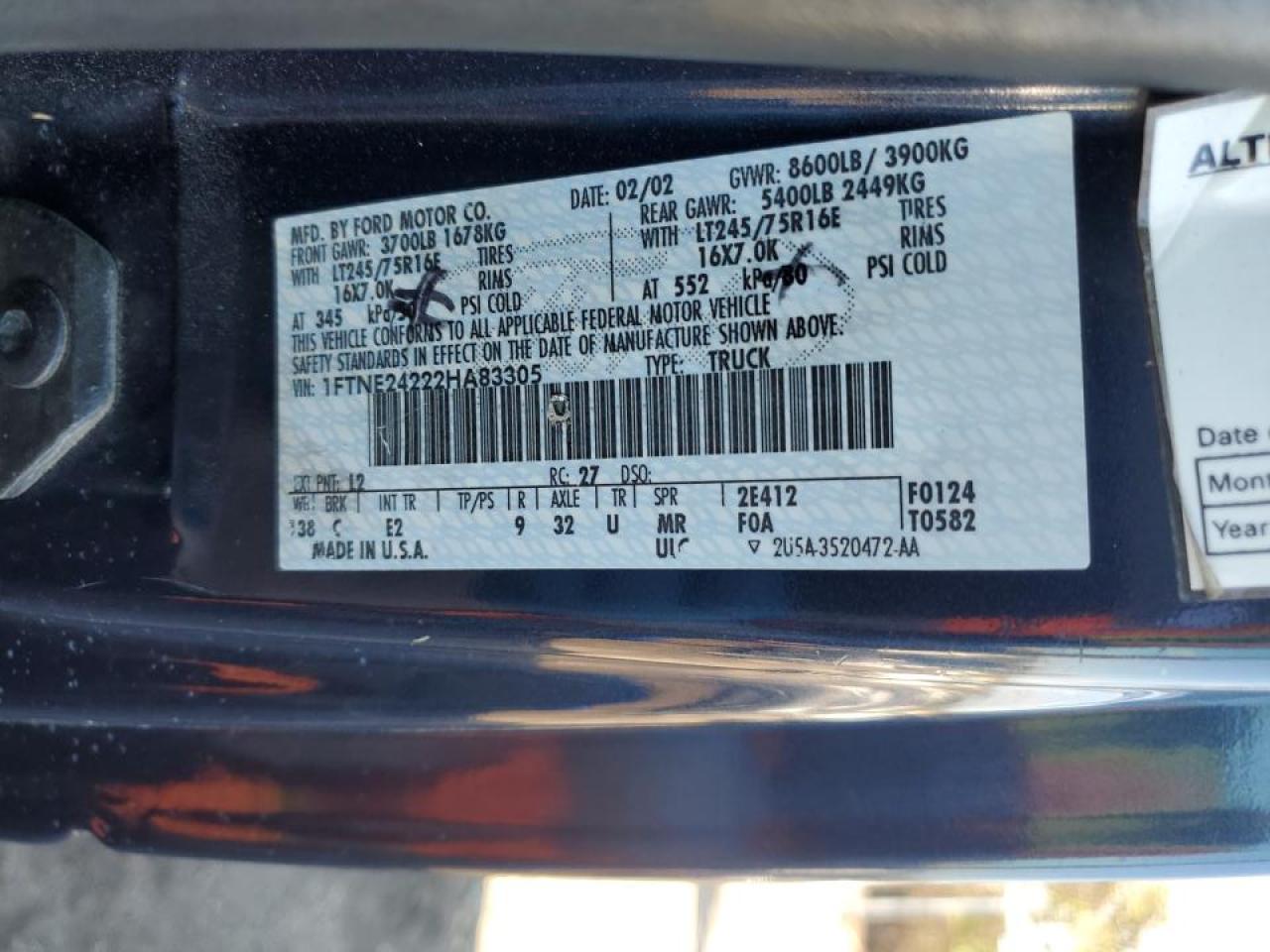 2002 Ford Econoline E250 Van VIN: 1FTNE24222HA83305 Lot: 85668465