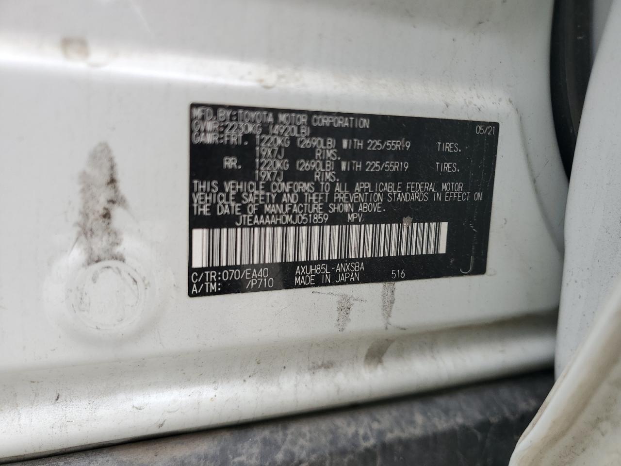 2021 Toyota Venza Le VIN: JTEAAAAH0MJ051859 Lot: 86786455