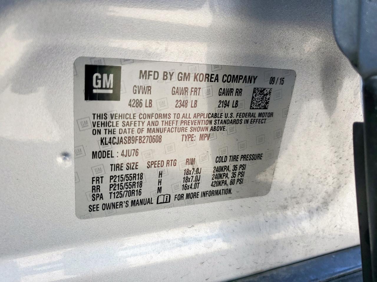 2015 Buick Encore VIN: KL4CJASB9FB270608 Lot: 85281455