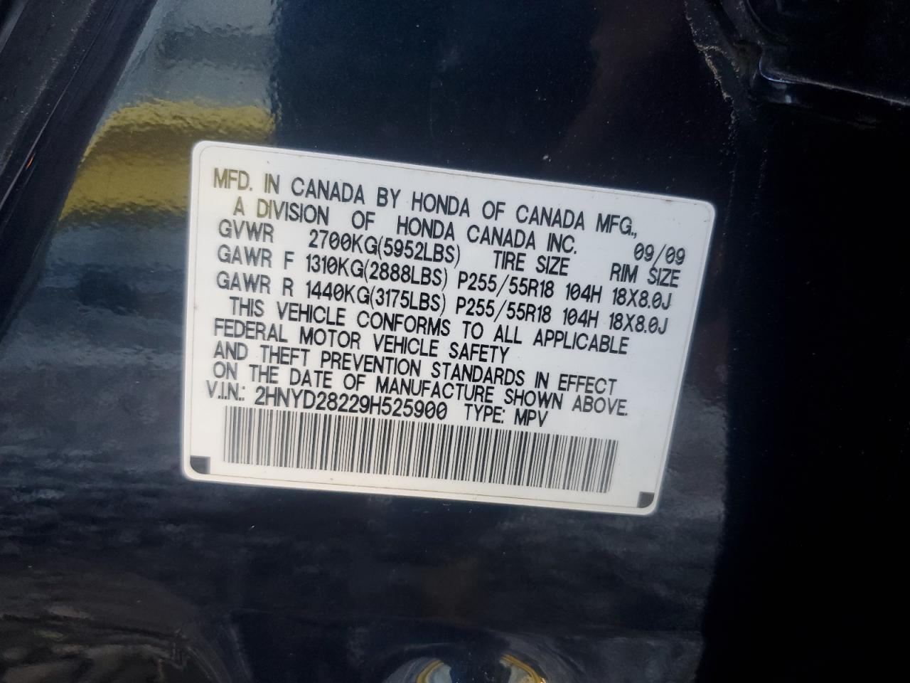 2009 Acura Mdx VIN: 2HNYD28229H525900 Lot: 86812695