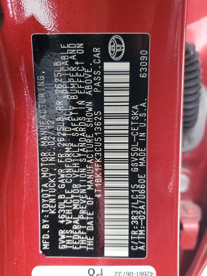 2012 Toyota Camry Se VIN: 4T1BK1FK3CU513625 Lot: 81002145