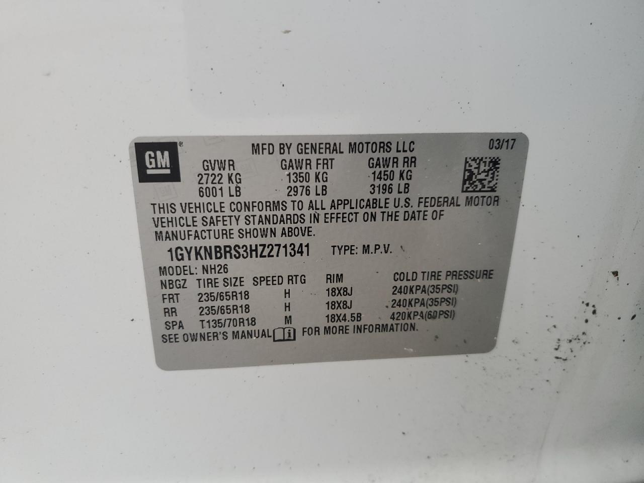 2017 Cadillac Xt5 Luxury VIN: 1GYKNBRS3HZ271341 Lot: 85858265