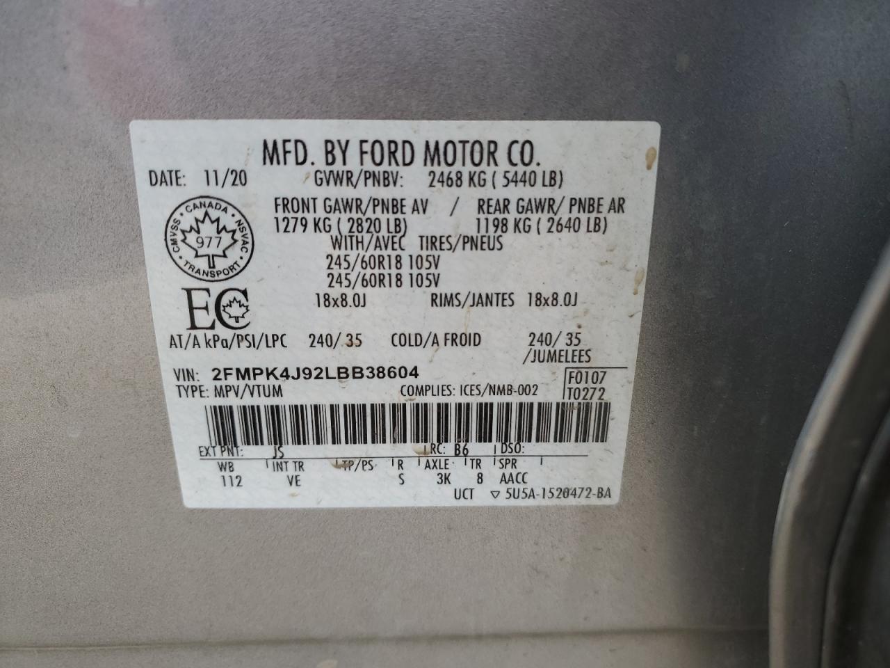 2020 Ford Edge Sel VIN: 2FMPK4J92LBB38604 Lot: 87438235