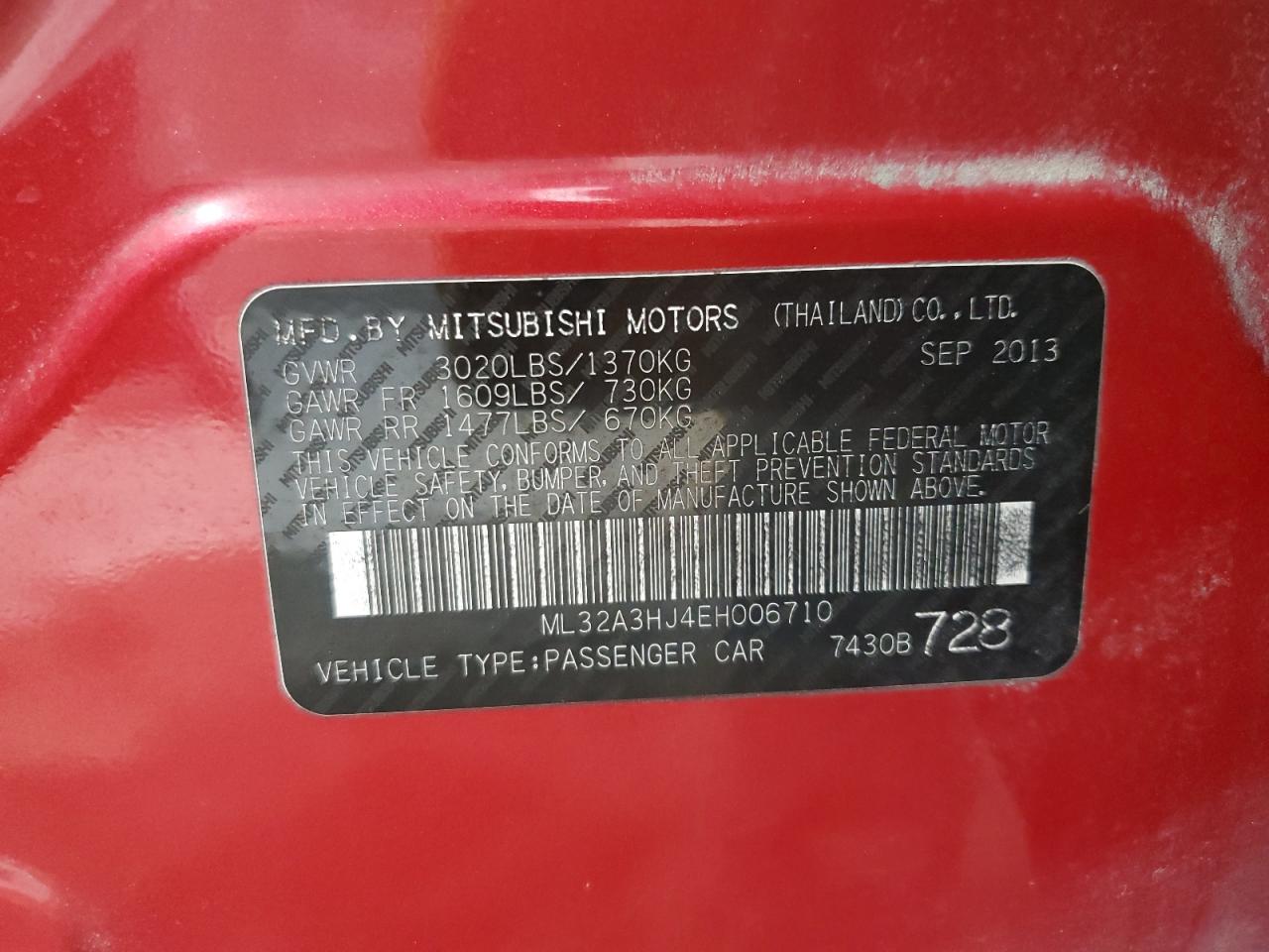 2014 Mitsubishi Mirage De VIN: ML32A3HJ4EH006710 Lot: 84969285