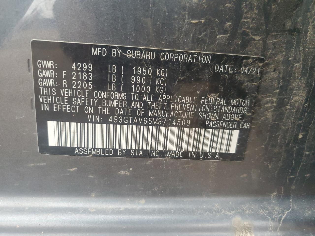 2021 Subaru Impreza Premium VIN: 4S3GTAV65M3714509 Lot: 85543995