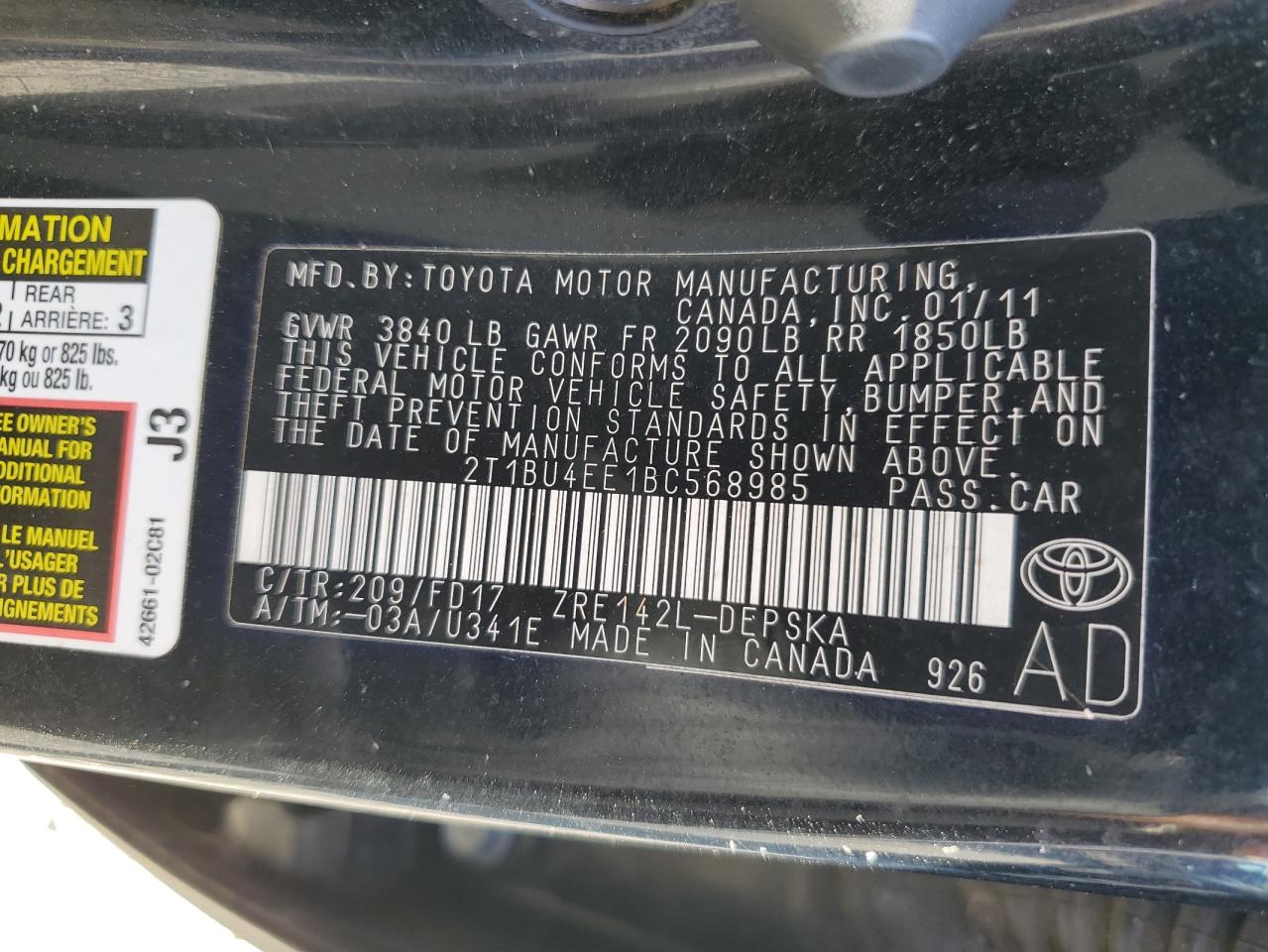 2011 Toyota Corolla Base VIN: 2T1BU4EE1BC568985 Lot: 86332875