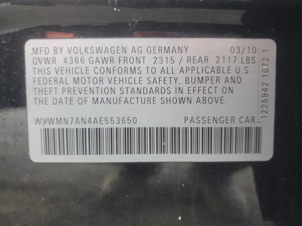 2010 Volkswagen Cc Sport VIN: WVWMN7AN4AE553650 Lot: 90018995