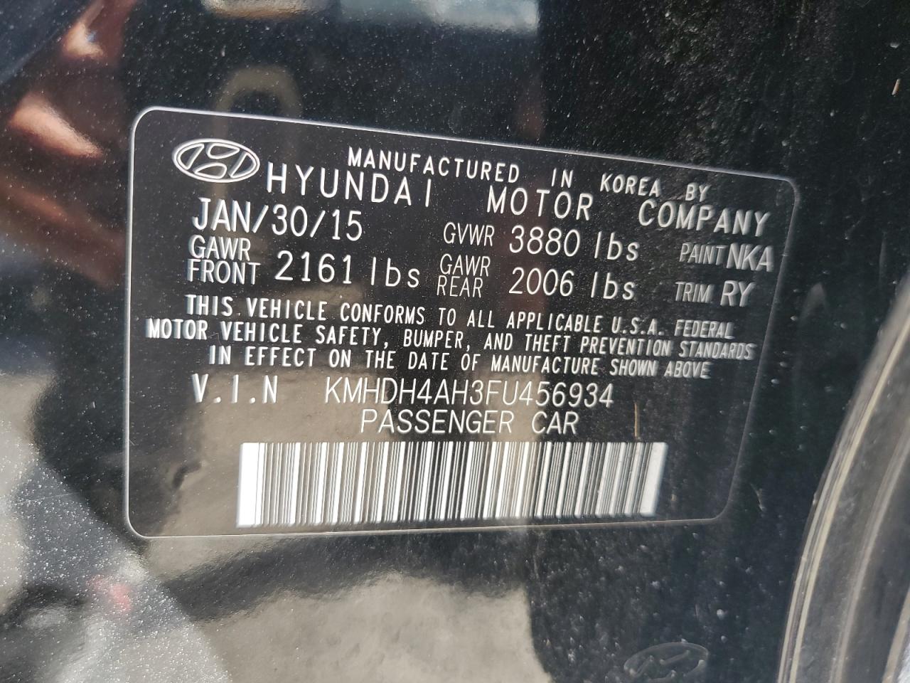 2015 Hyundai Elantra Se VIN: KMHDH4AH3FU456934 Lot: 85851965