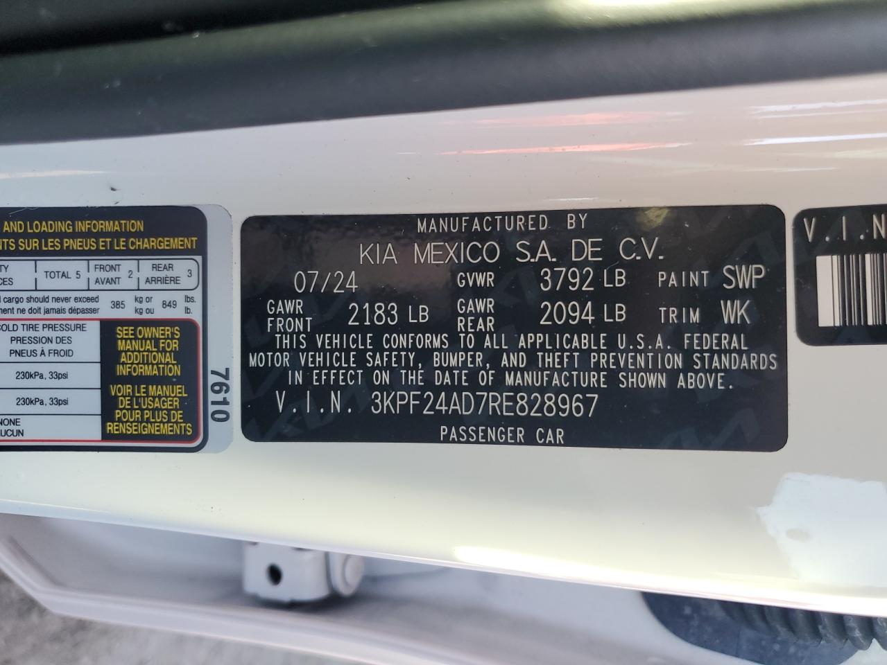 2024 Kia Forte Lx VIN: 3KPF24AD7RE828967 Lot: 87201625