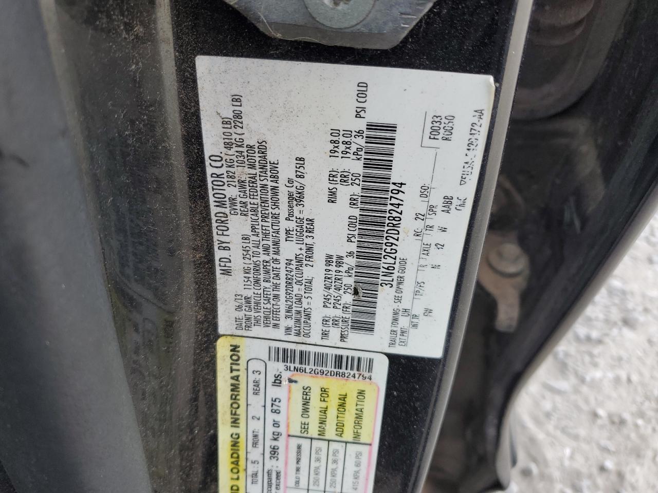 2013 Lincoln Mkz VIN: 3LN6L2G92DR824794 Lot: 82334675